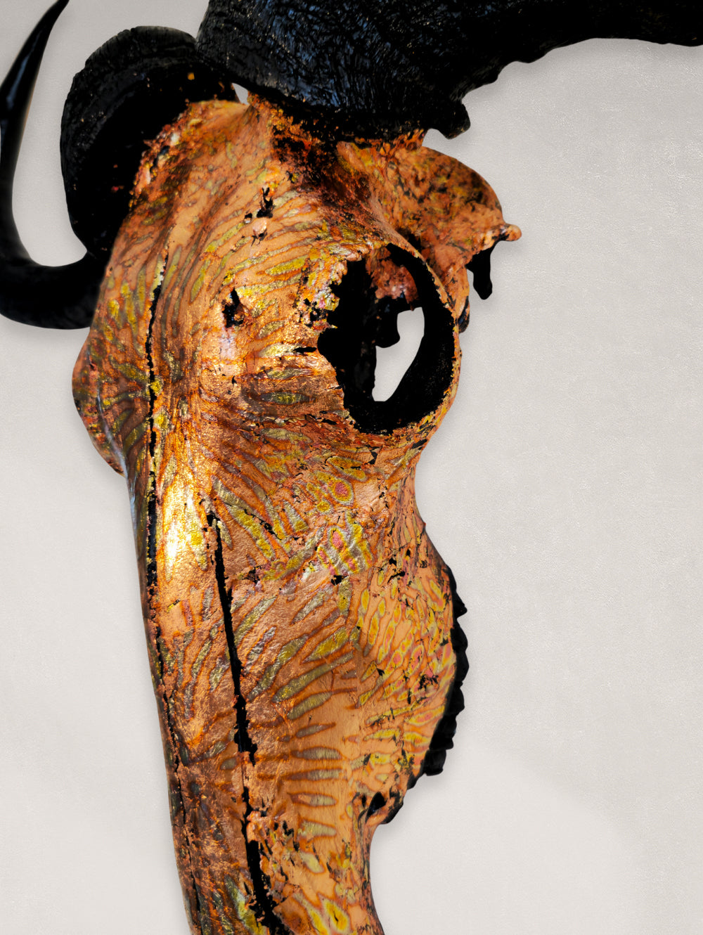 Wildebeest Skull - Orange Sunburst Variegated Gold Leaf Gilded Skull