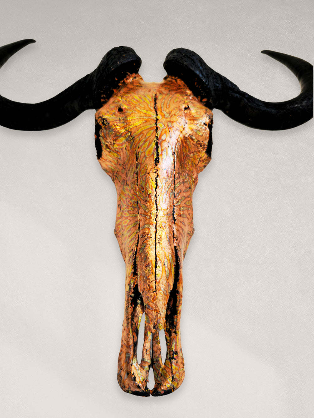 Wildebeest Skull - Orange Sunburst Variegated Gold Leaf Gilded Skull