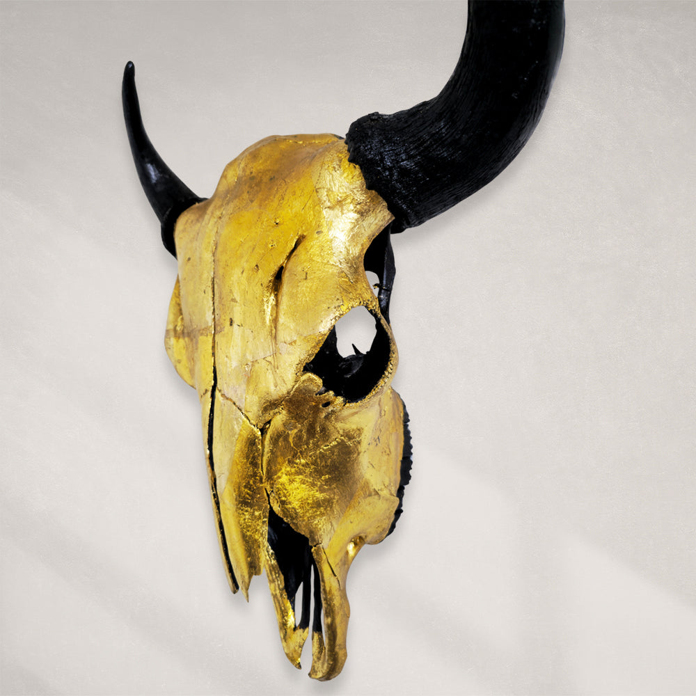 Buffalo Skull – Sunburst Celestial Variegated Gold Leaf Gilded Skull