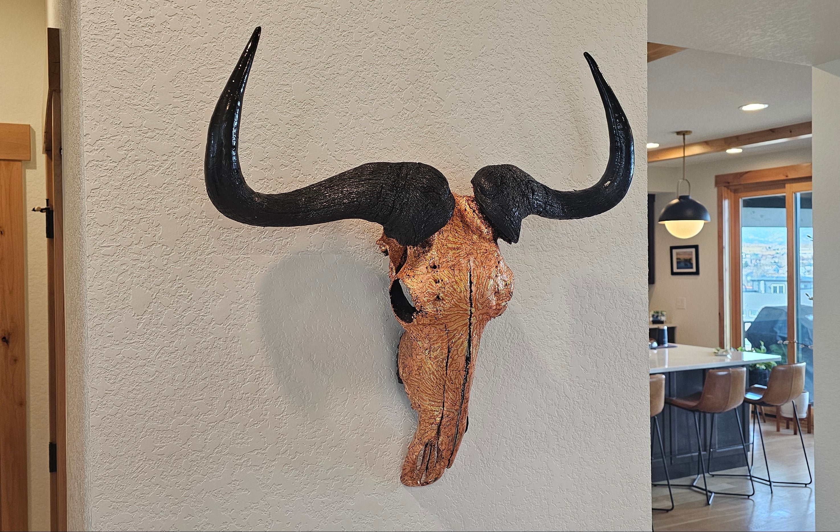 Orange Sunburst Variegated Gold Leaf Gilded Wildebeest Skull