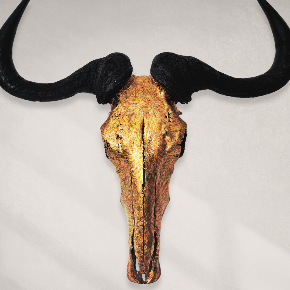 Wildebeest Skull - Orange Sunburst Variegated Gold Leaf Gilded Skull