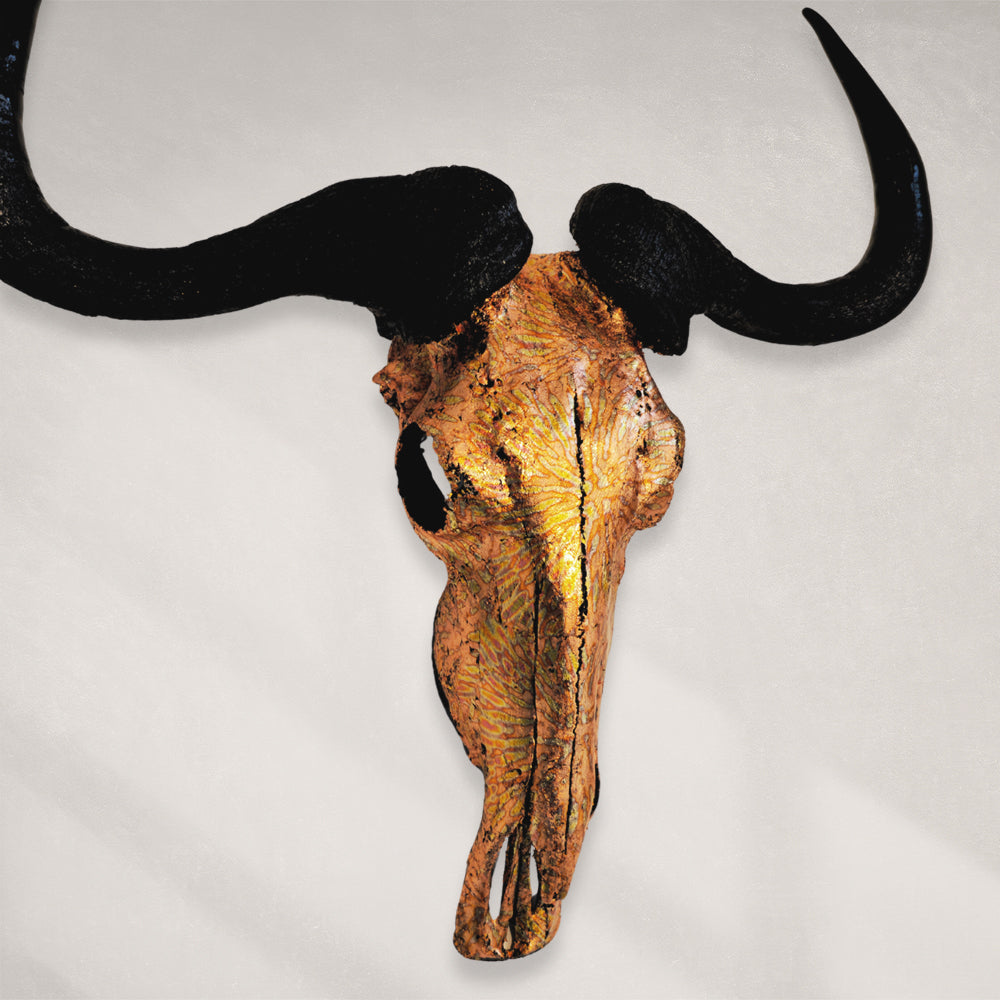 Wildebeest Skull - Orange Sunburst Variegated Gold Leaf Gilded Skull